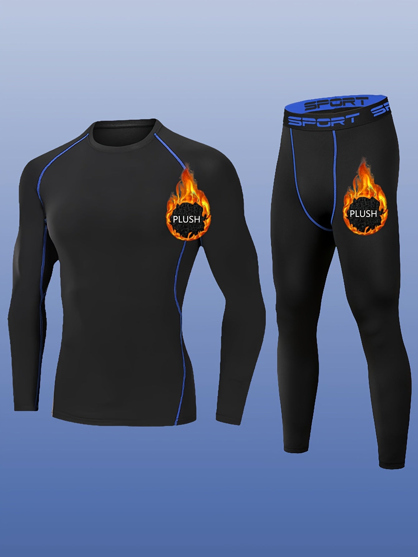 2pcs Men'S Plush Sport Compression Shirt & Leggings Set - Quick-Dry, High-Elasticity, Breathable Athletic Underwear for Running & Outdoor Activities, Black with Pink Accents, Autumn Winter Workout Gear, Workout Clothes, Autum