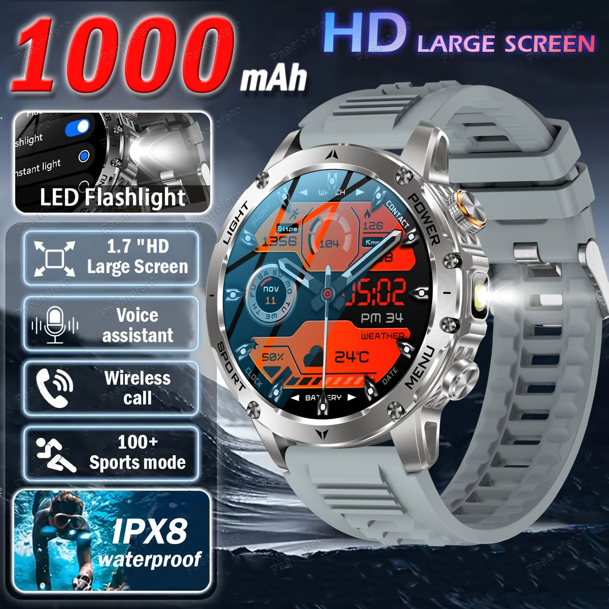 2025 New LED Men'S Smart Watch with Wireless Calling 4.32cm HD Large Screen, 1000mAh Battery, Long Standby Time, Flashlight, Fitness Tracker Watch, 100+ Sports Modes, Voice Assistant, Valentine'S Day, Birthday, Father'S Day G