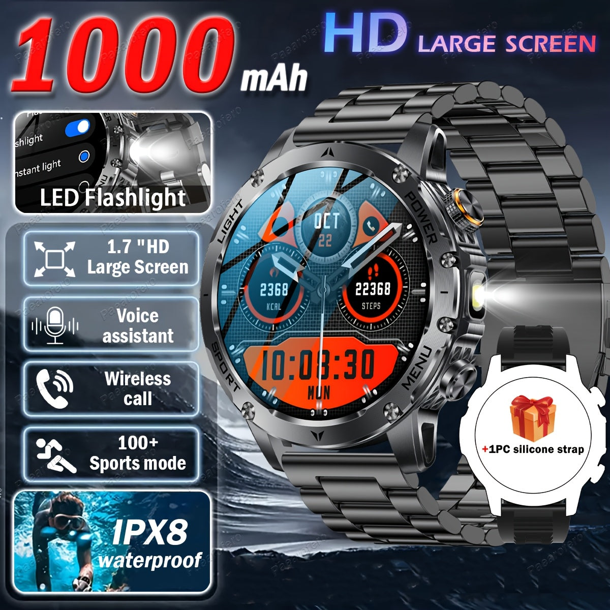 2025 New LED Men'S Smart Watch with Wireless Calling 4.32cm HD Large Screen, 1000mAh Battery, Long Standby Time, Flashlight, Fitness Tracker Watch, 100+ Sports Modes, Voice Assistant, Valentine'S Day, Birthday, Father'S Day G