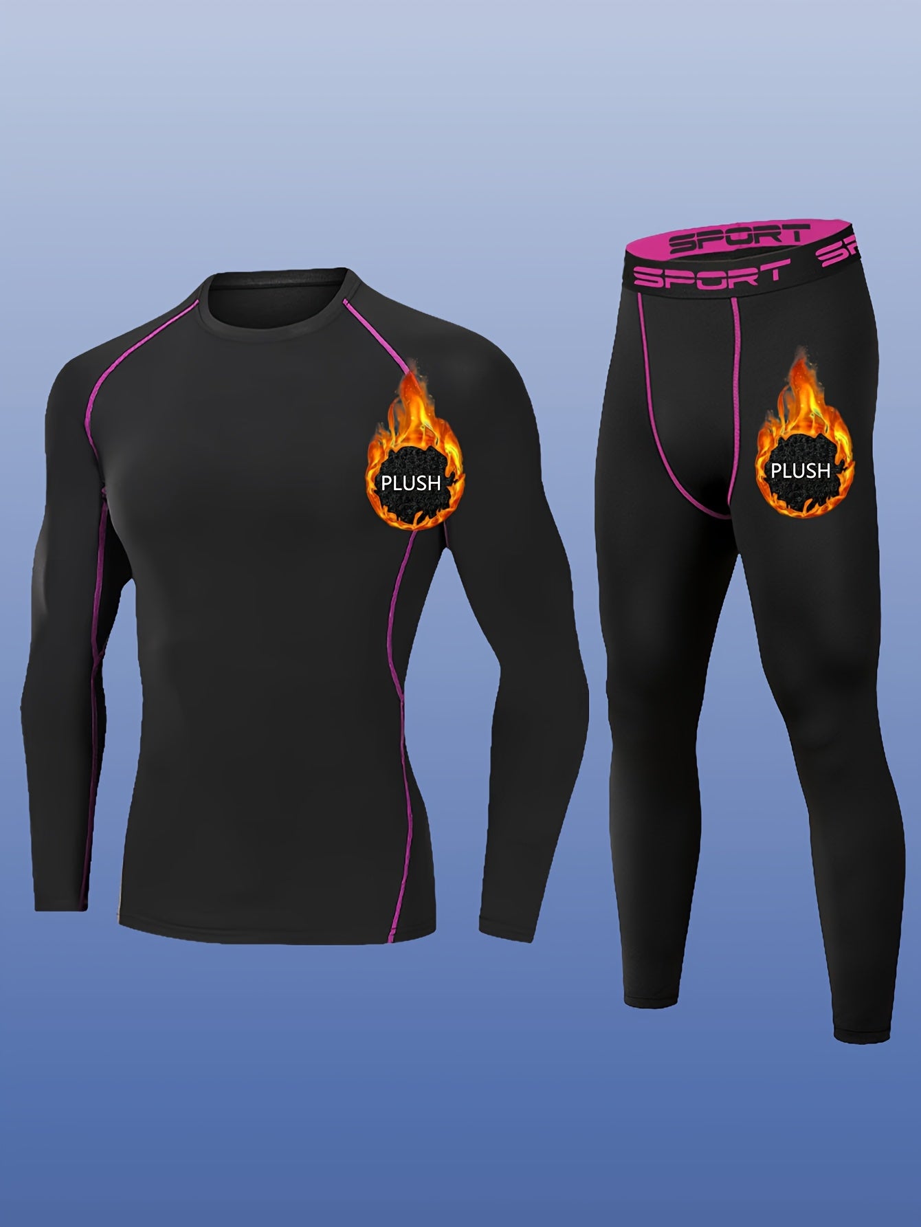 2pcs Men'S Plush Sport Compression Shirt & Leggings Set - Quick-Dry, High-Elasticity, Breathable Athletic Underwear for Running & Outdoor Activities, Black with Pink Accents, Autumn Winter Workout Gear, Workout Clothes, Autum