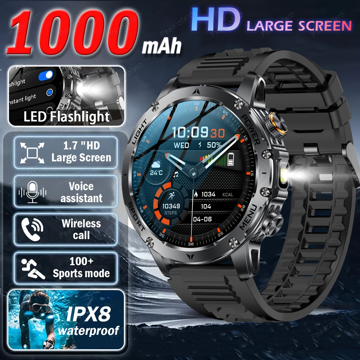 2025 New LED Men'S Smart Watch with Wireless Calling 4.32cm HD Large Screen, 1000mAh Battery, Long Standby Time, Flashlight, Fitness Tracker Watch, 100+ Sports Modes, Voice Assistant, Valentine'S Day, Birthday, Father'S Day G
