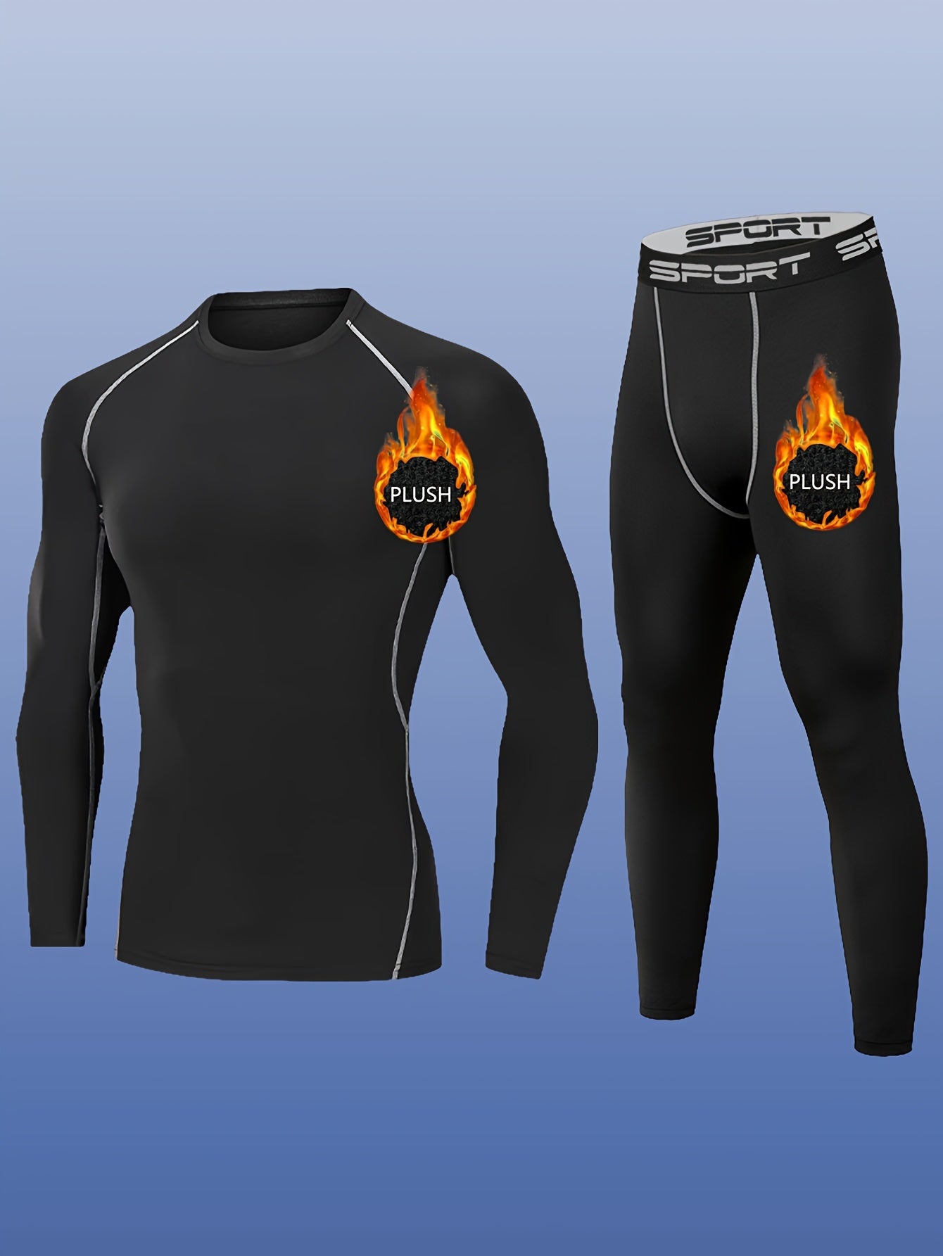 2pcs Men'S Plush Sport Compression Shirt & Leggings Set - Quick-Dry, High-Elasticity, Breathable Athletic Underwear for Running & Outdoor Activities, Black with Pink Accents, Autumn Winter Workout Gear, Workout Clothes, Autum